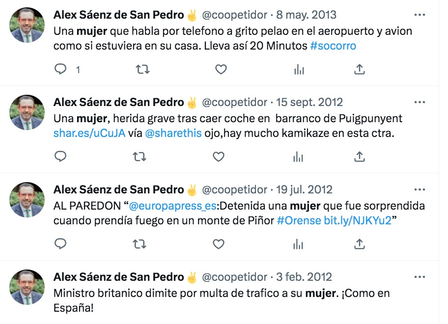 Tuits de Alex Sáenz de San Pedro entre 2012 y 2013. Captura de pantalla. Tuits de Alex Sáenz de San Pedro entre 2012 y 2013. Captura de pantalla.