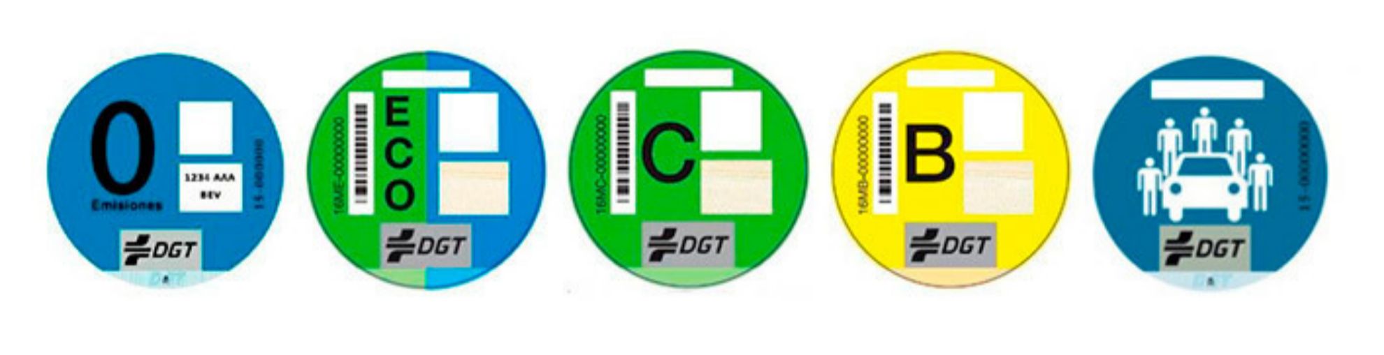 Las cinco etiquetas del catálogo de distintivos de la DGT
