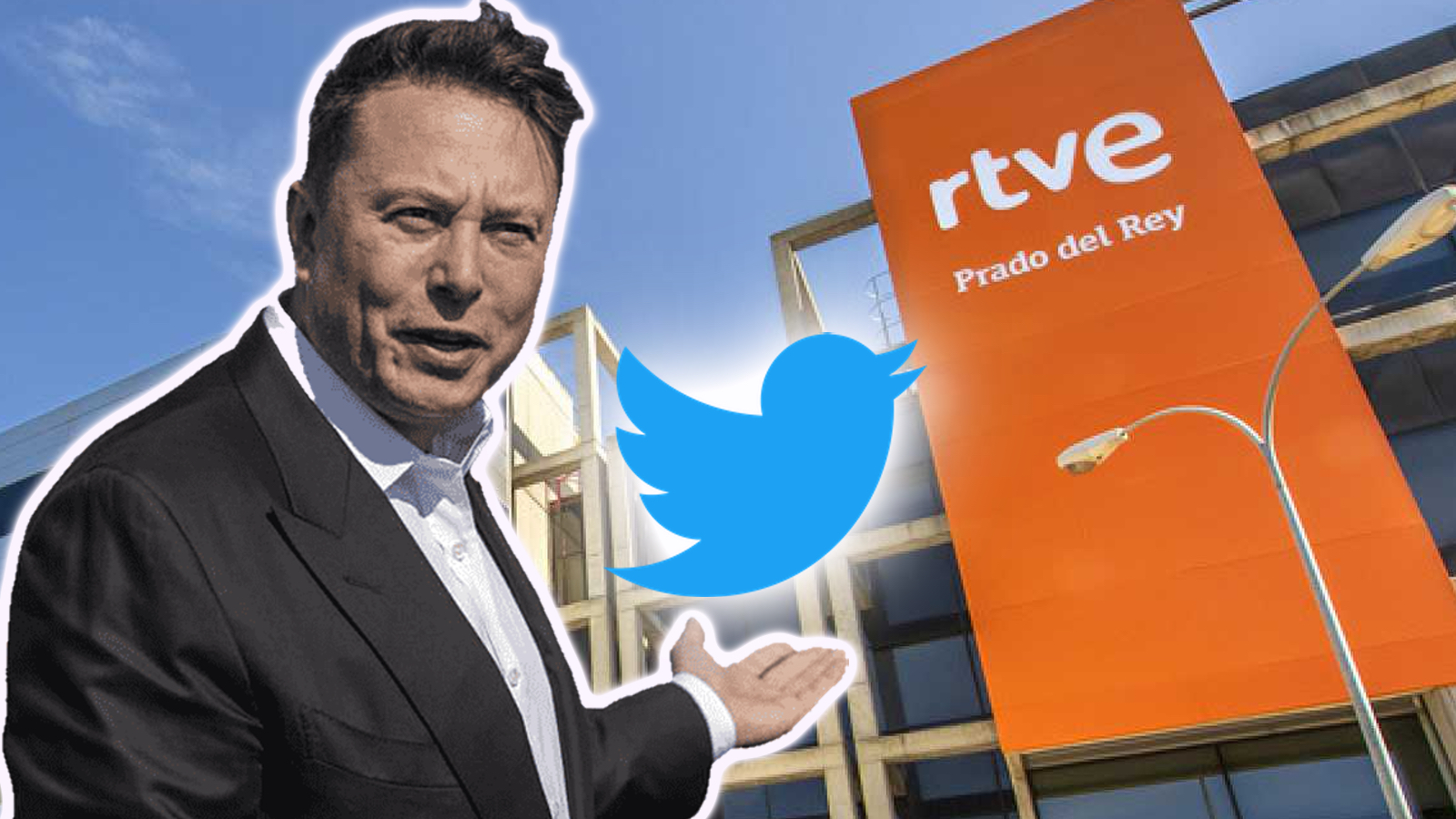 Elon Musk, propietario de Twitter, y las instalaciones de RTVE en Prado del Rey. Elaboración propia