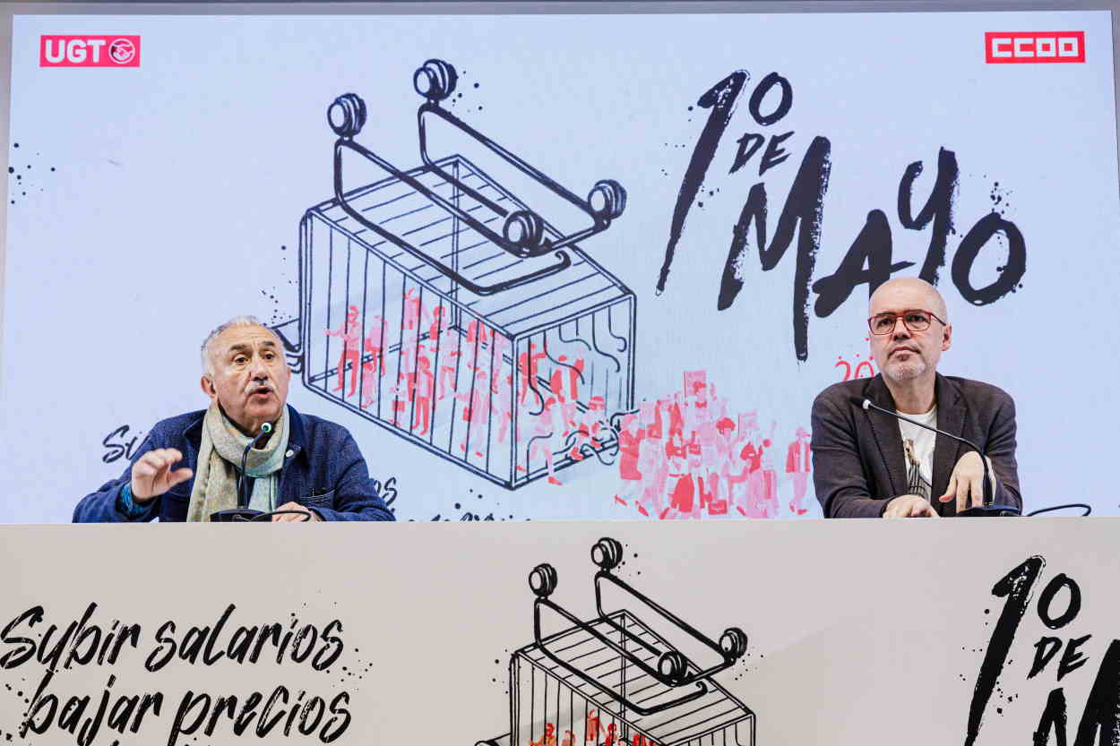 Los secretarios generales de UGT y CCOO, Pepe Álvarez y Unai Sordo, durante la presentación del manifiesto del día del Trabajador. EP.