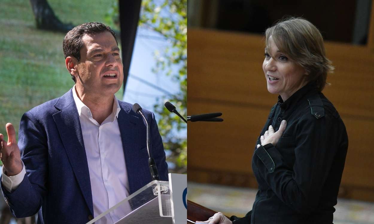 El presidente de la Junta de Andalucía, Juan Manuel Moreno Bonilla, y la diputada de Más Madrid Tania Sánchez. EP