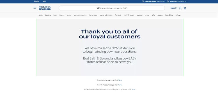 Mensaje de despedida de Bed Bath & Beyond en su página web Mensaje de despedida de Bed Bath & Beyond en su página web