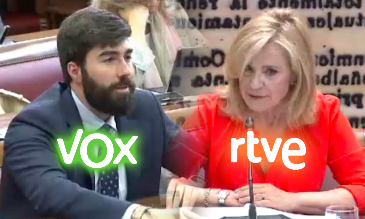 Un diputado de Vox plantea una cuestión a la presidenta de RTVE en el Senado. Elaboración propia
