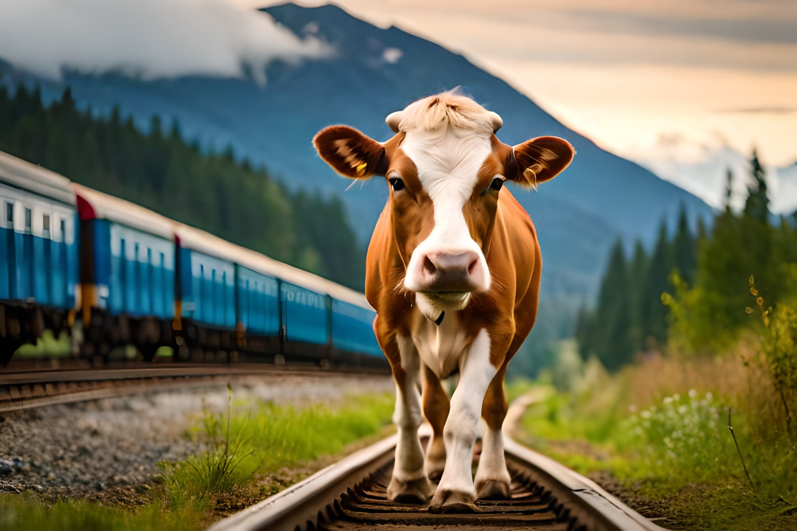 Una vaca, en las vías del tren. Fotografía creada con inteligencia artificial