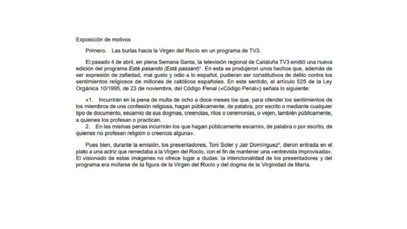 Extracto de la PNL en la que Vox pide al Congreso censurar el ataque de TV3 a la Virgen del Rocío. BOCG