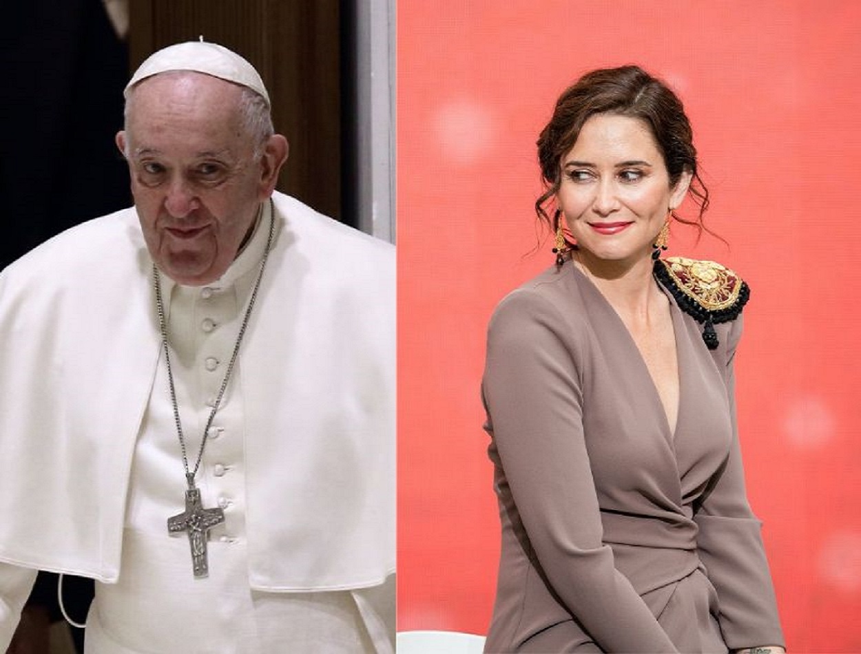 El Papa Francisco y la presidenta de la Comunidad de Madrid, Isabel Díaz Ayuso. Canva