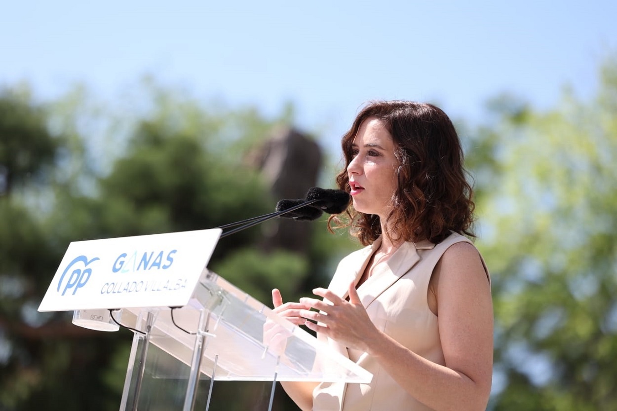 La candidata del PP a la reelección a la Presidencia de la Comunidad de Madrid, Isabel Díaz Ayuso, en un acto en Collado Villalba. EP.