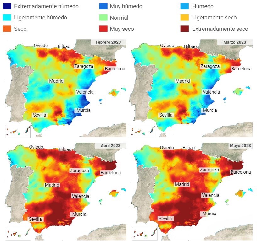 Evolución de la sequía desde febrero hasta mayo de 2023. DatosRTVE | Monitor de sequía meteorológica (CSIC)