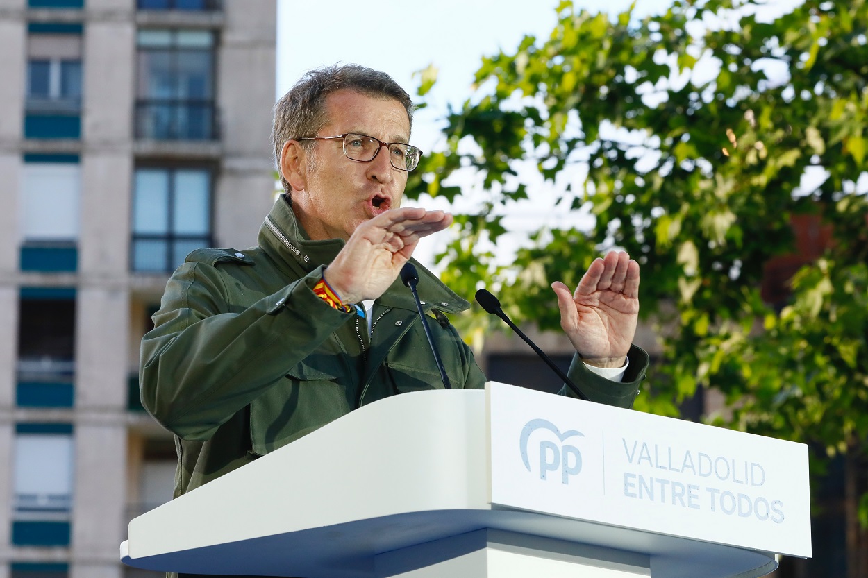 El líder del PP, Alberto Núñez Feijóo, durante su mitin de este viernes en Valladolid. EP.