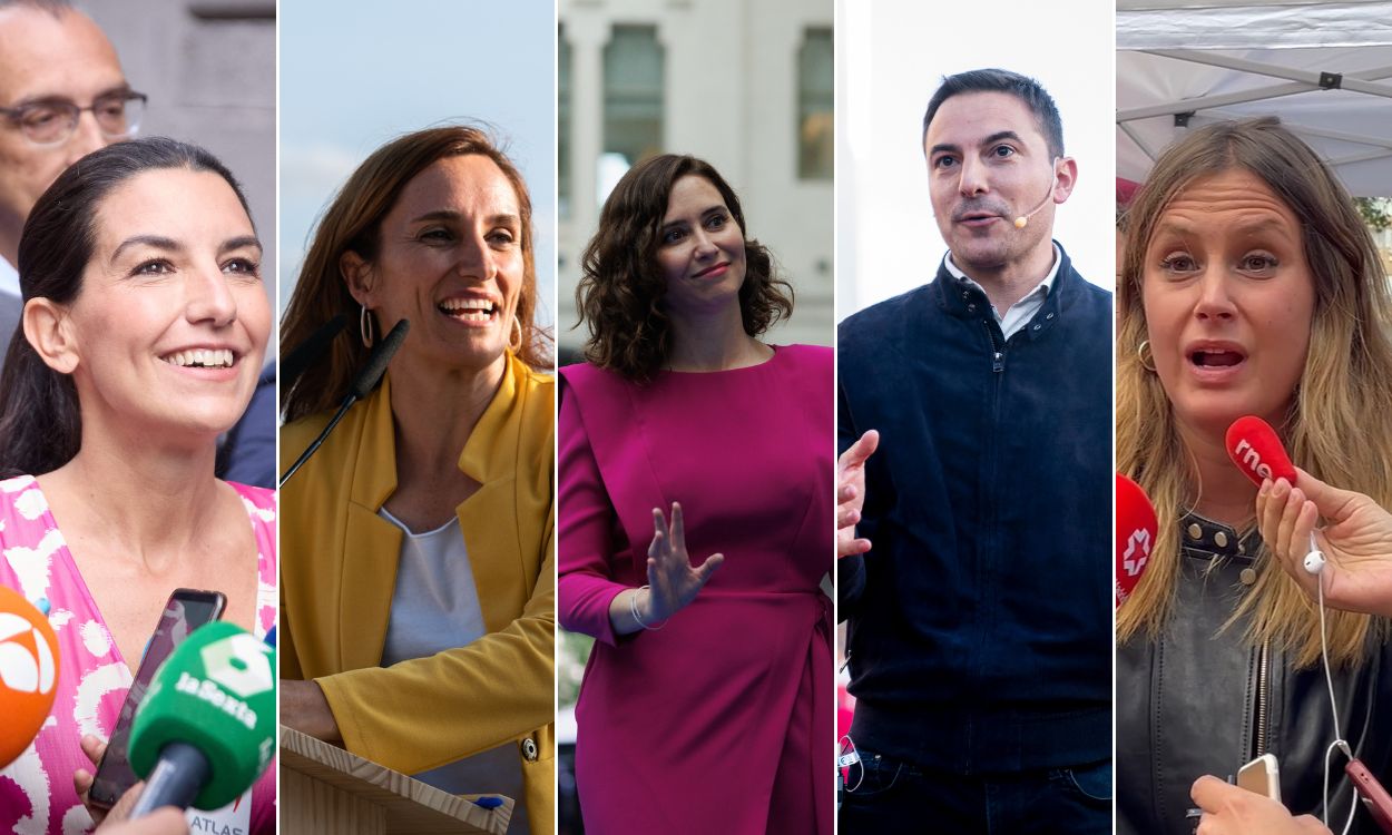 Los candidatos a la presidencia de la Comunidad de Madrid, Rocío Monasterio, Juan Lobato, Mónica García, Isabel Díaz Ayuso y Alejandra Jacinto. EP.