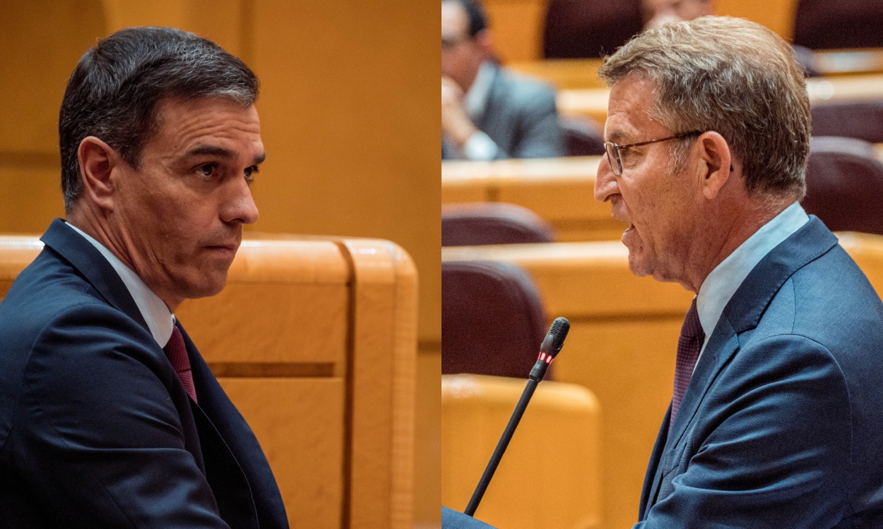 Pedro Sánchez y Alberto Núñez Feijóo durante el debate de este martes 16 de mayo. EP/ elaboración propia.