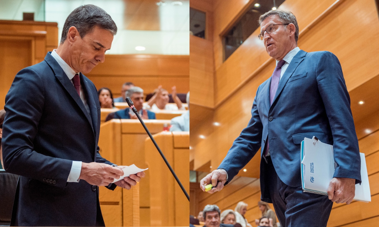 Pedro Sánchez y Alberto Núñez Feijóo durante el debate de este martes 16 de mayo. EP/ elaboración propia.