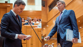Pedro Sánchez y Alberto Núñez Feijóo durante el debate de este martes 16 de mayo. EP/ elaboración propia.