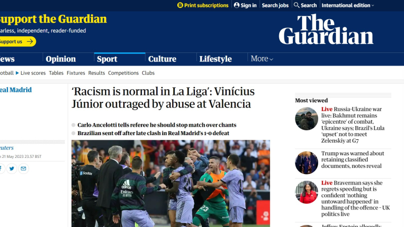 The Guardian se hace eco de los insultos racistas a Vinicius en Mestalla.