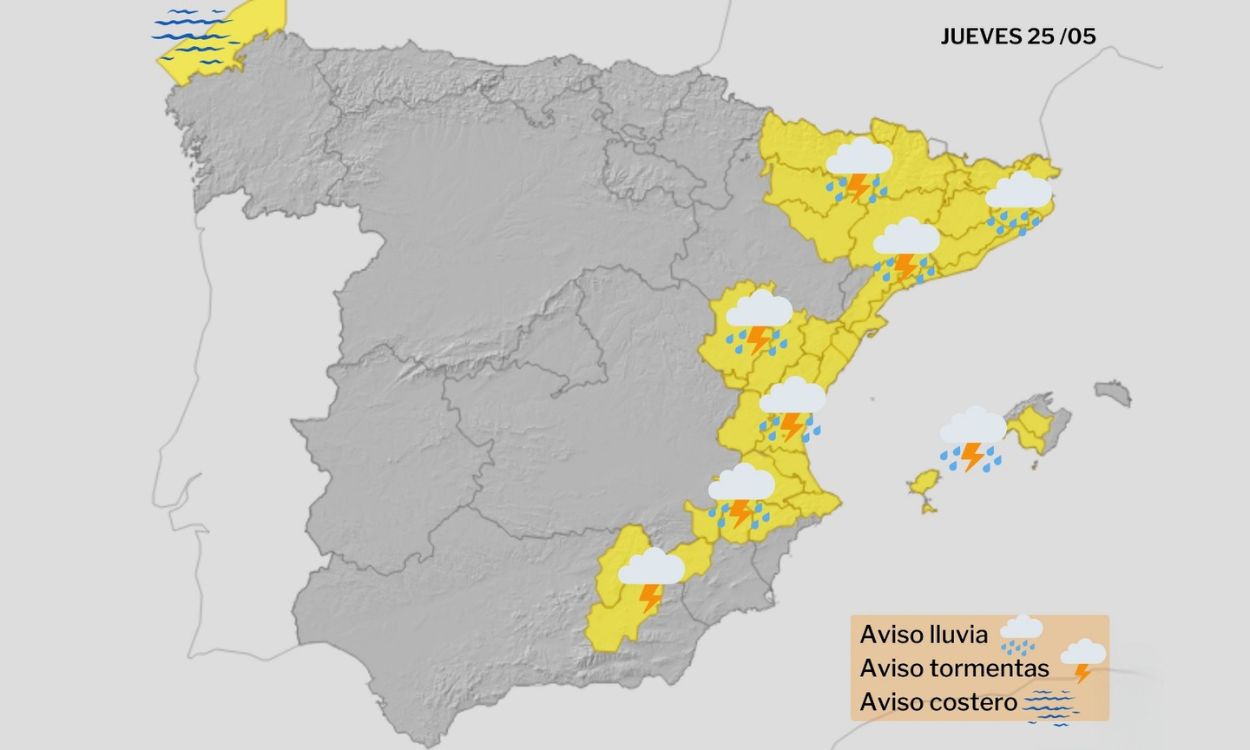 Mapa de avisos de riesgo amarillo por lluvias, tormentas y fenómenos costeros del jueves 25 de mayo de 2023. 