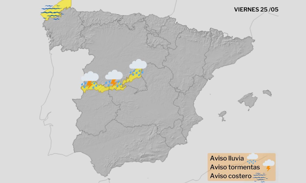 Mapa de avisos de riesgo amarillo por lluvias, tormentas y fenómenos costeros del viernes 26 de mayo de 2023. 