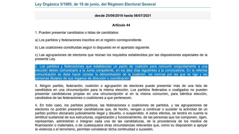 Extracto de la Junta Electoral General sobre los pactos de coalición. JEG