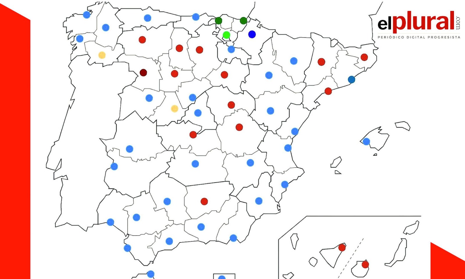 Mapa con el partido más votado en cada capital de provincia. Pablo Caraballo