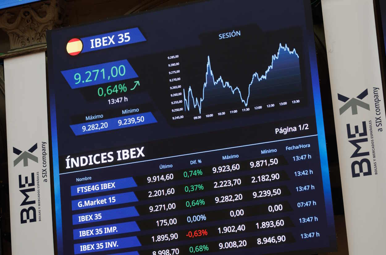 Panel del Ibex 35 en el Palacio de la Bolsa de Madrid. EP