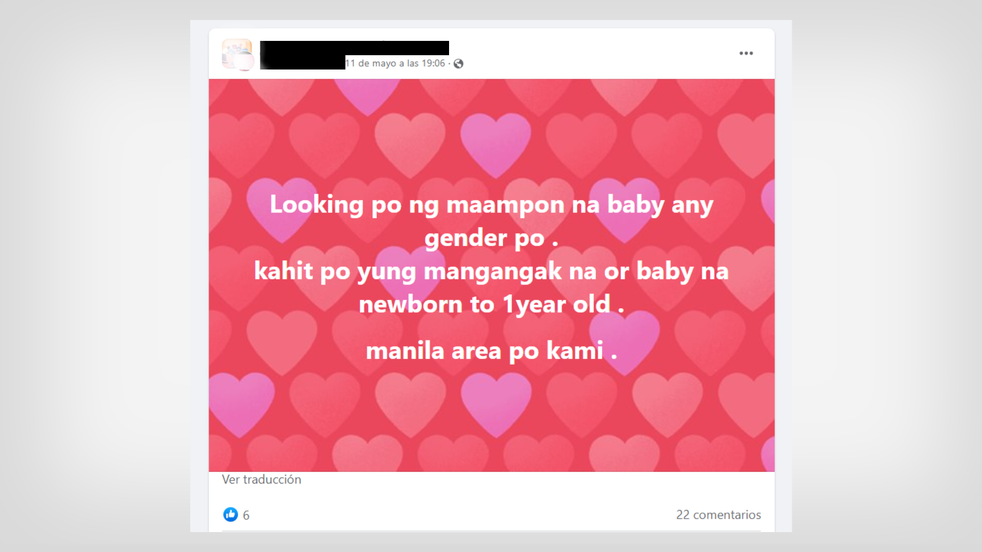 Captura de pantalla. "Busco a alguien que ponga en adopción a su bebé. Cualquier género. Aunque sean robados o recién nacidos de 1 año. Estoy en la zona de Manila"