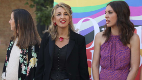 La líder de Sumar, Yolanda Díaz, junto a las dirigentes de Unidas Podemos, Ione Belarra e Irene Montero. EP