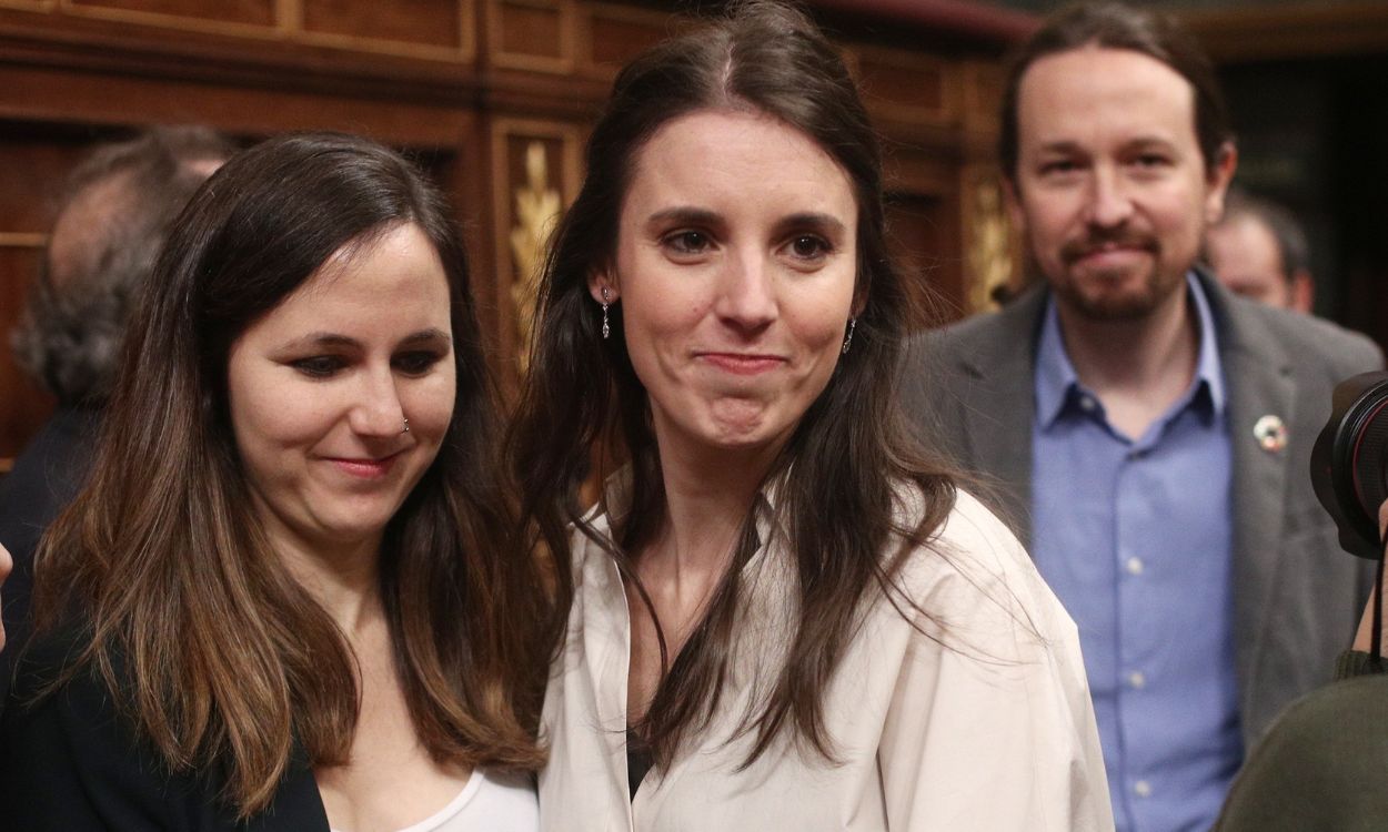 Irene Montero, Ione Belarra y Pablo Iglesias en el Congreso de los Diputados en 2020. EP.