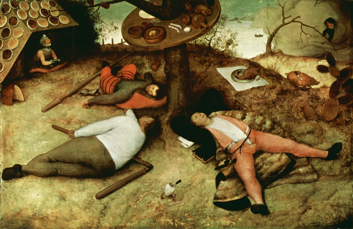 En el país de la cucaña que pintó Pieter Brueghel solo hace falta abrir la boca para que te caigan pasteles o vino desde los tejados