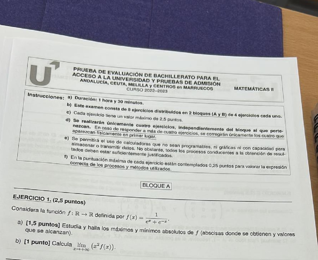 Imagen del examen de Matemáticas II de la Selectividad de Andalucía. Twitter