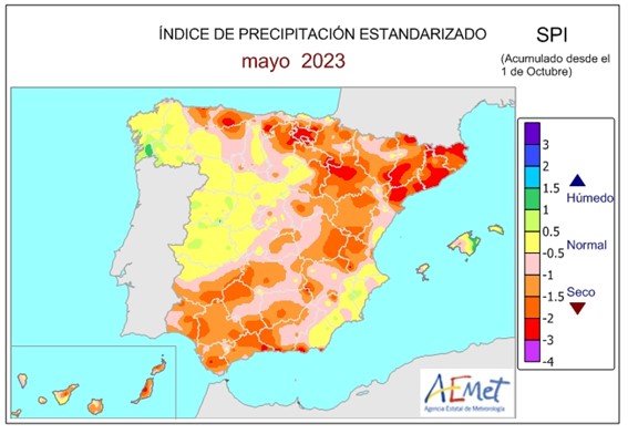 Mapa del índice de precipitación estandarizado de mayo de 2023.
