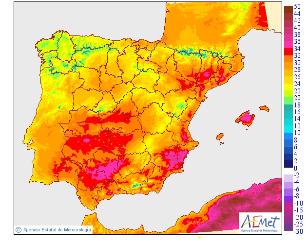 Mapa de las temperaturas máximas pronosticadas por la AEMET para el próximo 19 de junio de 2023. AEMET Mapa de las temperaturas máximas pronosticadas por la AEMET para el próximo 19 de junio de 2023. AEMET