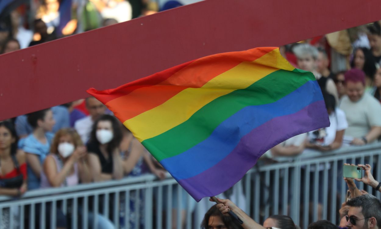 Imagen de recurso de una persona alzando una bandera arcoíris. EP.