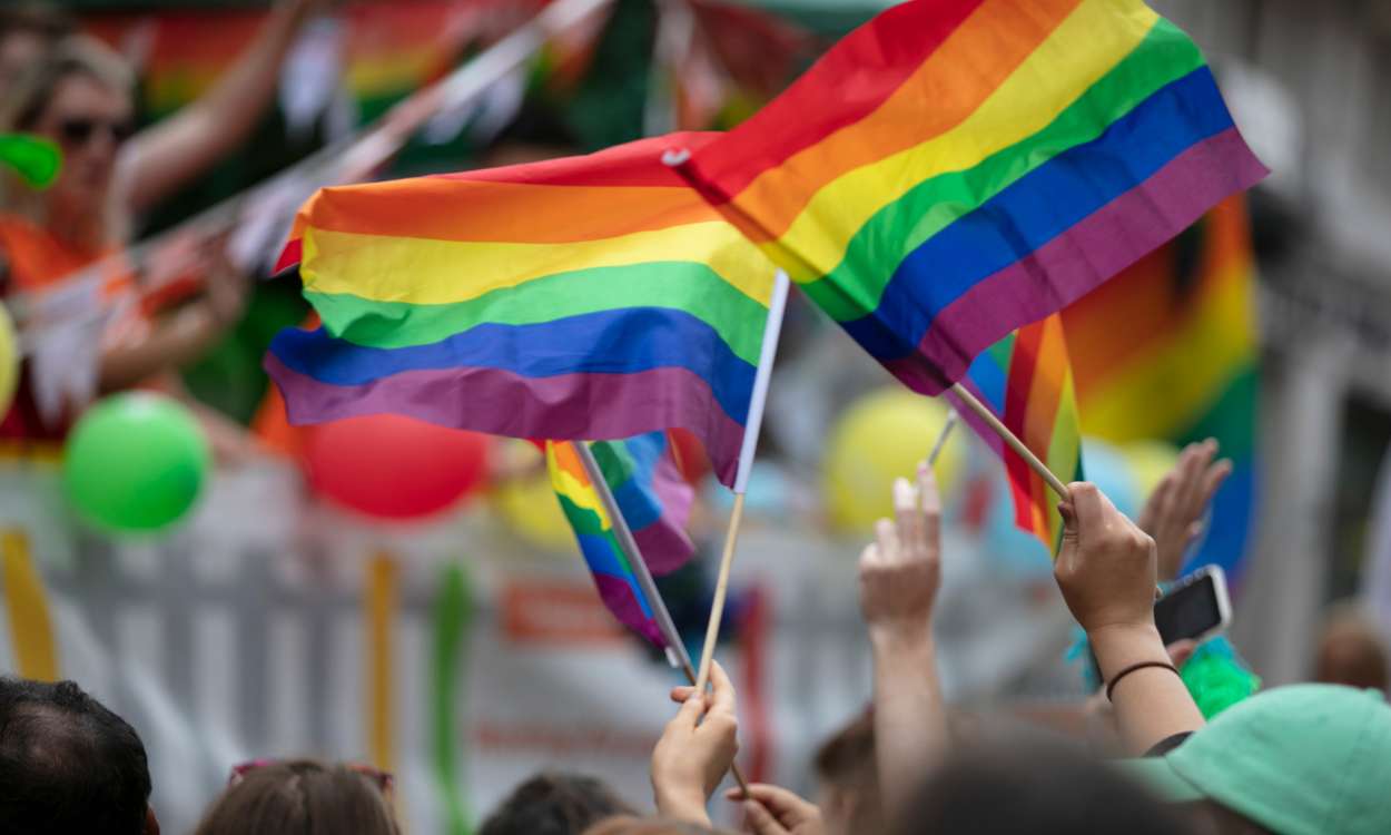 Banderas del Orgullo LGTBIQ+ ondean en una manifestación. EP