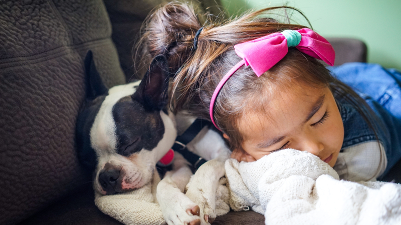 Niña durmiendo junto a un cachorro de perro. Foto de Leo Rivas en Unsplash