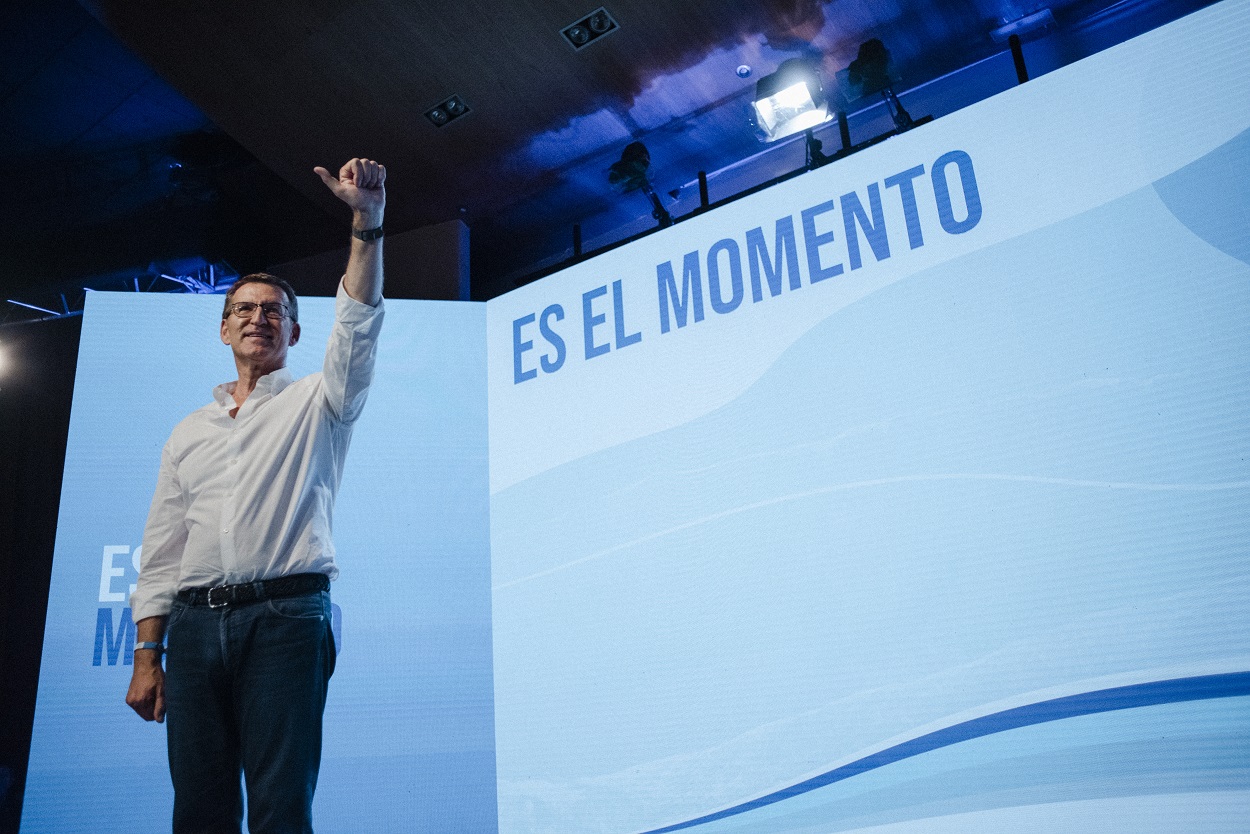 El líder del PP, Alberto Núñez Feijóo, durante un acto de precampaña electoral, a 2 de julio de 2023, en Toledo, Castilla-La Mancha (España). Mateo Lanzuela/ EP.