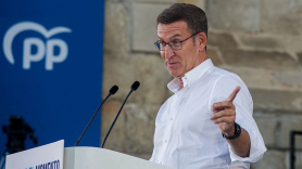 El presidente del PP, Alberto Núñez Feijóo, en un acto de campaña. EP
