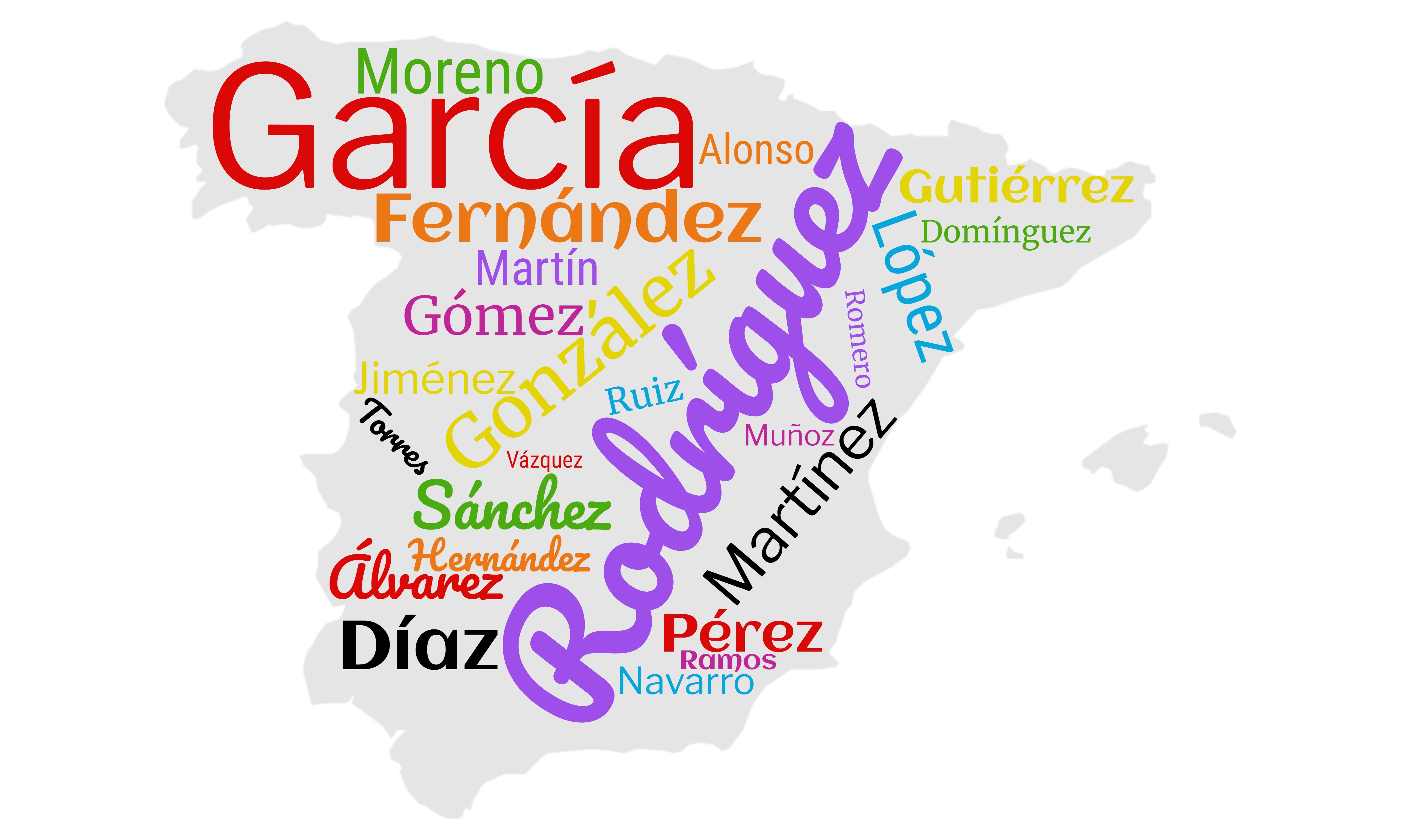 Mapa de España con los apellidos españoles más comunes. Elaboración propia