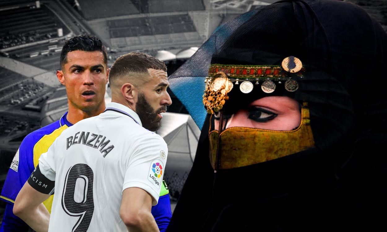 Fotomontaje de Cristiano Ronaldo, Karim Benzema y una mujer saudí. Pablo Caraballo / Marina Martín. 