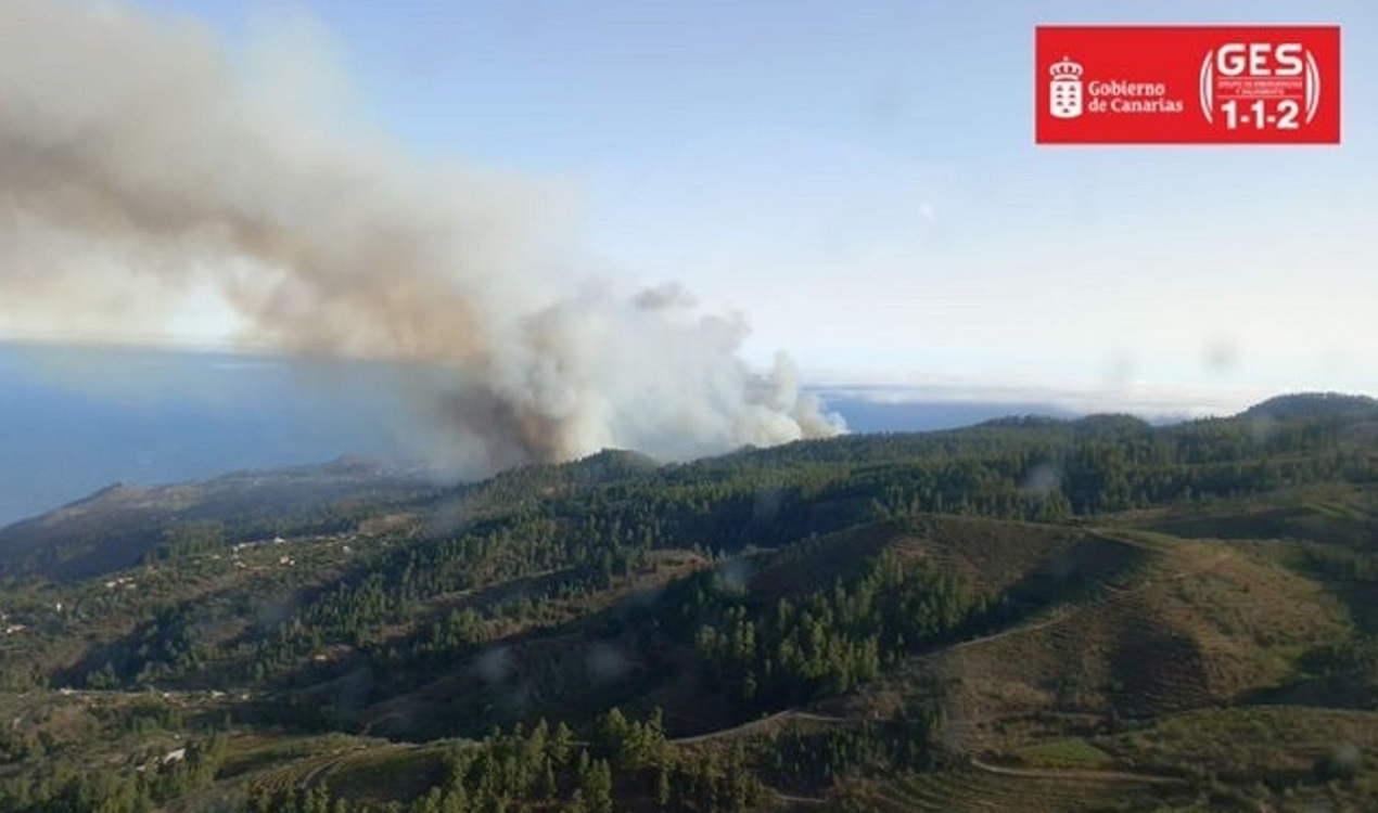 Imagen de la columna de humo del incendio de Puntagorda. Cedida por el Gobierno de Canarias / EP.