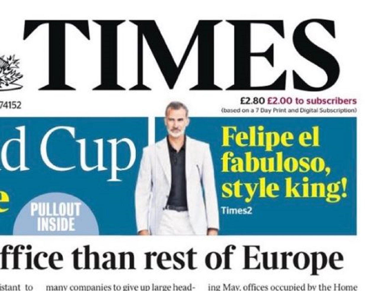 Felipe VI aparece en primera plana en 'The Times'. Twitter @eduardosuarez