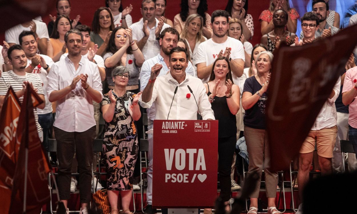 El presidente del Gobierno, Pedro Sánchez, durante un mitin de campaña en Lugo celebreado el 20 de julio