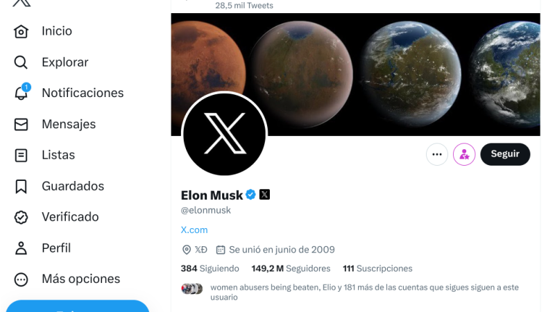 La X, el nuevo logo de Twitter, en el perfil de Elon Musk
