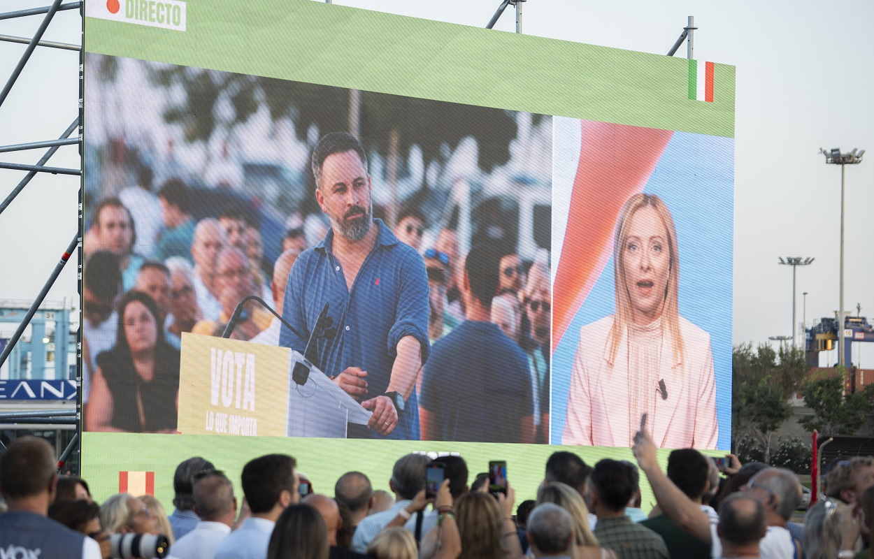 Los líderes de Vox y de Hermanos de Italia, Santiago Abascal y Giorgia Meloni