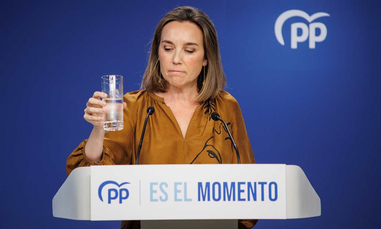 La secretaria general del PP, Cuca Gamarra, en rueda de prensa desde Génova. EP