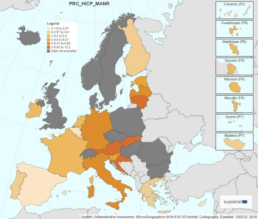 Mapa inflación de la eurozona. Fuente Eurostat