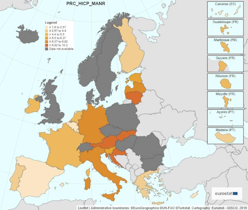 Mapa inflación de la eurozona. Fuente Eurostat Mapa inflación de la eurozona. Fuente Eurostat