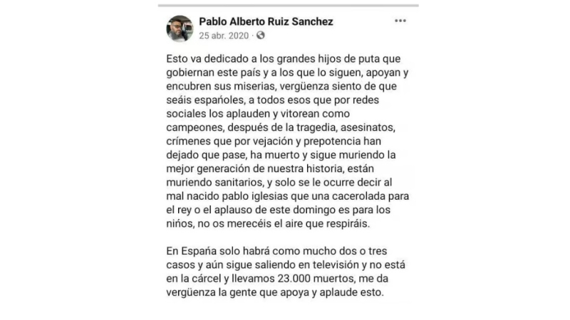 Publicación de un concejal de Vox en Murcia a través de su cuenta de Facebook. Publicación de un concejal de Vox en Murcia a través de su cuenta de Facebook.