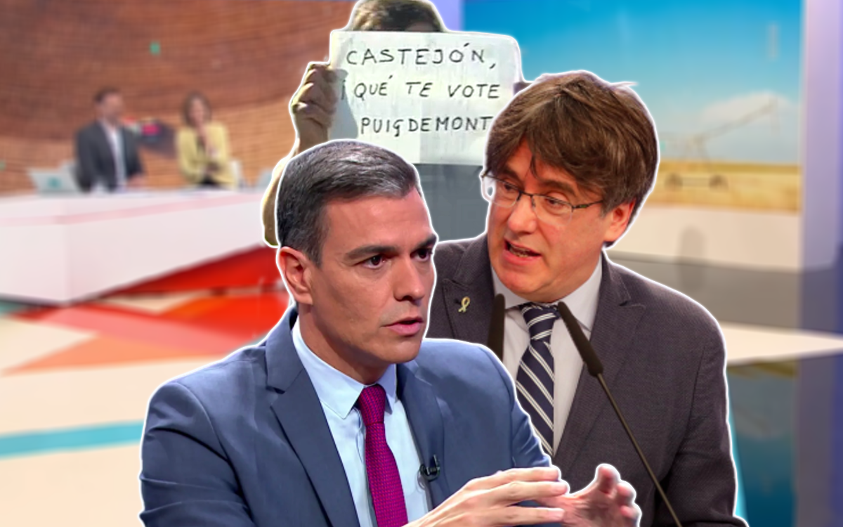 TVE sufre un nuevo boicot en 'La Hora de La 1' con un lunático de derechas portando un lema contra Pedro Sánchez distinto a Txapote. Elaboración propia