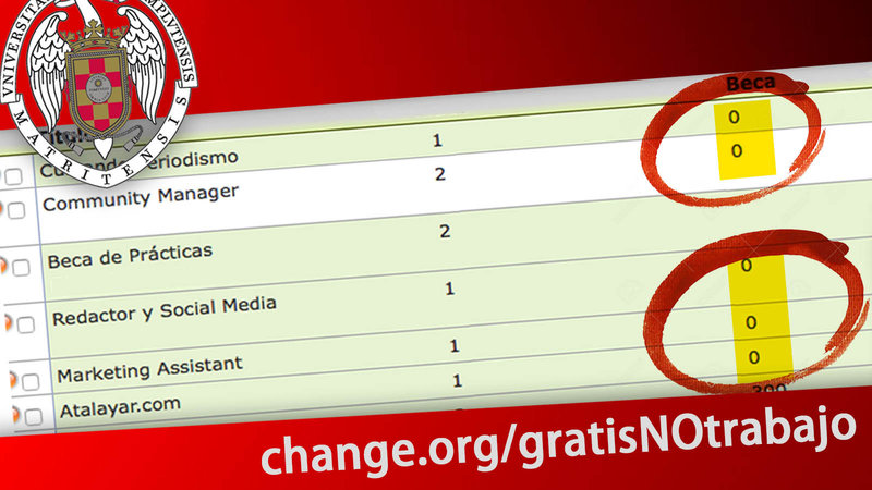 Imagen de la campaña #GratisNoTrabajo en Change.org.