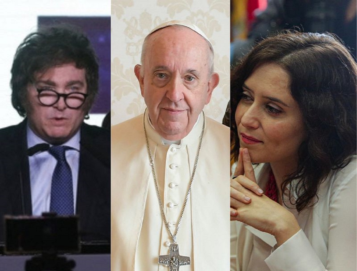 Javier Milei, el Papa Francisco e Isabel Díaz Ayuso. Canva