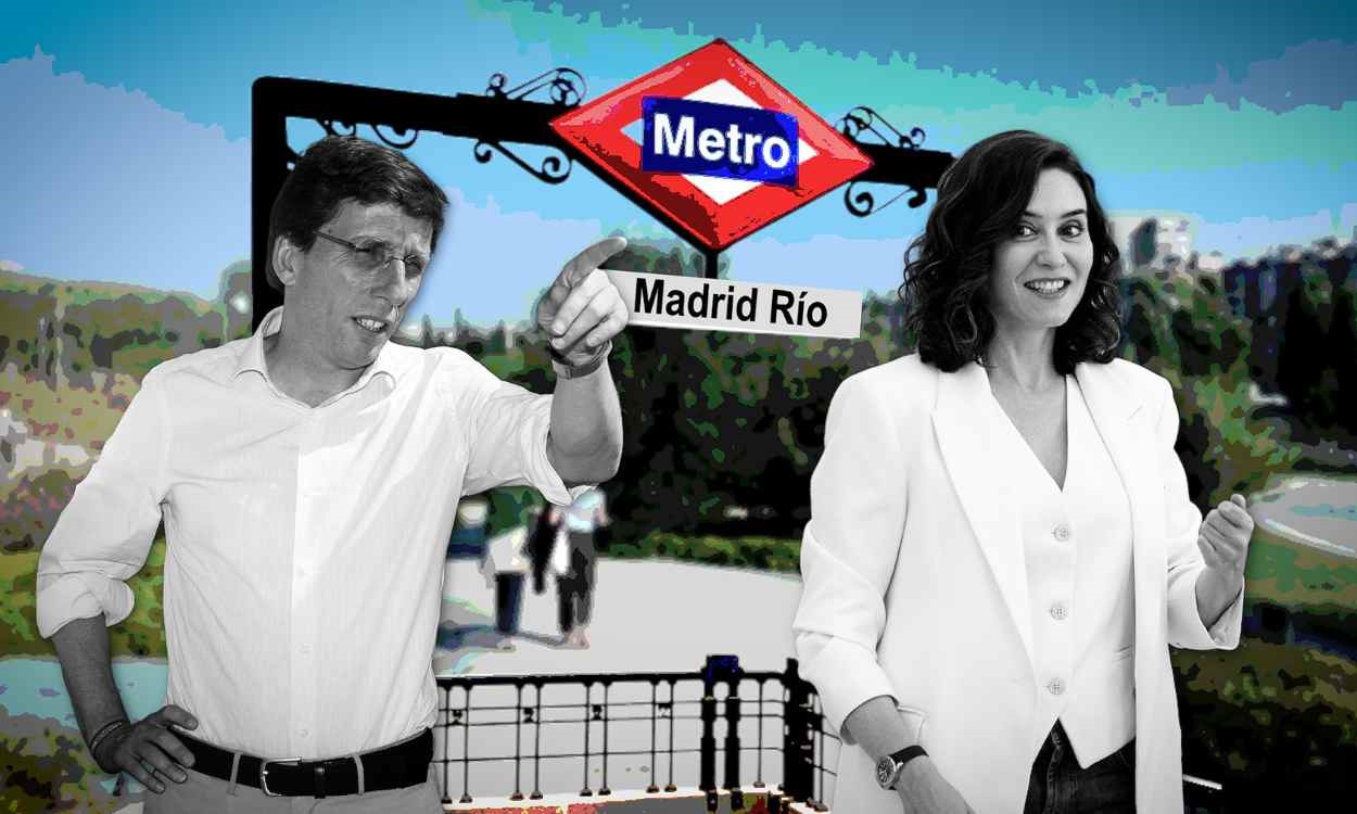 El alcalde de Madrid, José Luis Martínez Almeida, y la presidenta de la Comunidad, Isabel Díaz Ayuso, frente a la futura estación de Madrid Río. Montaje de Jesús Olmedo